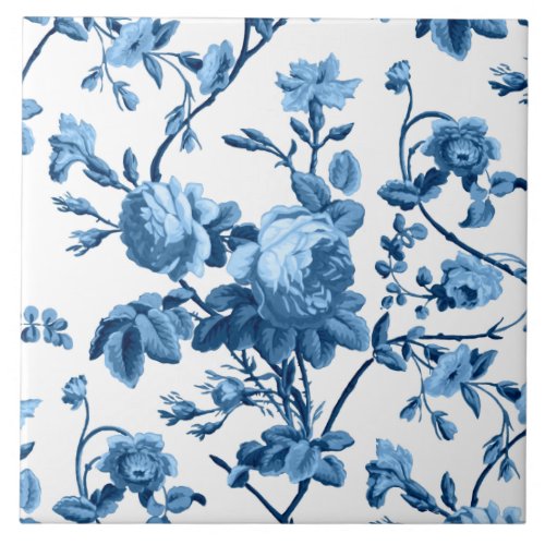 Elegant Chic Vintage Blue Rose Floral Ceramic Tile