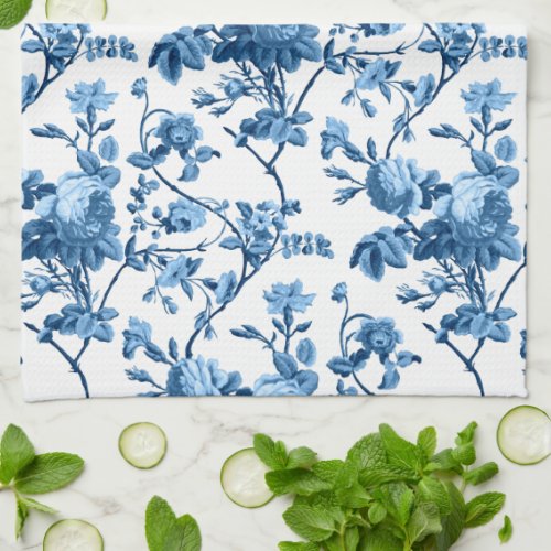 Elegant Chic Vintage Blue Rose Floral Kitchen Towel