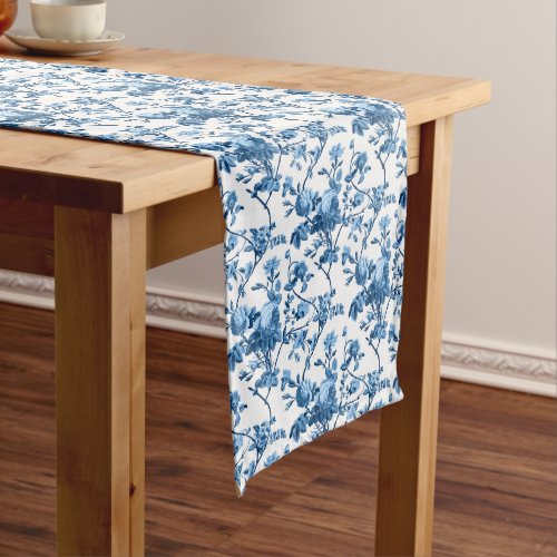 Elegant Chic Vintage Blue Rose Floral Long Table Runner