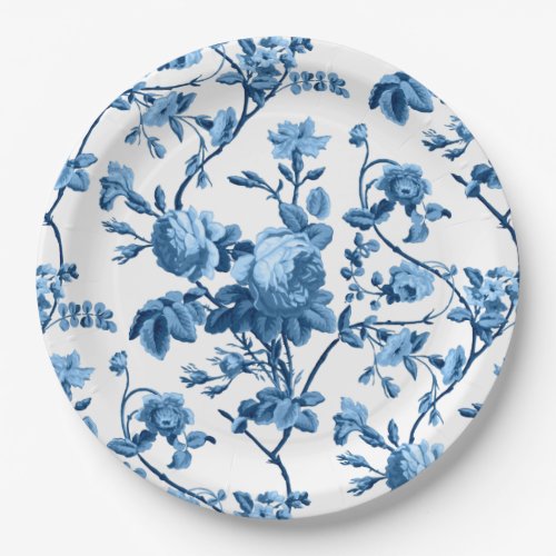 Elegant Chic Vintage Blue Rose Floral Paper Plates