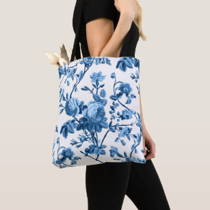 Elegant Chic Vintage Blue Rose Floral Tote Bag