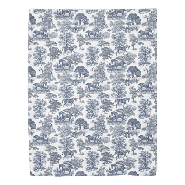 Elegant Chic Vintage Blue Rustic Horses Toile Duvet Cover (Front)