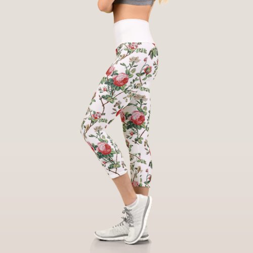 Elegant Chic Vintage Pink Rose Floral Capri Leggings