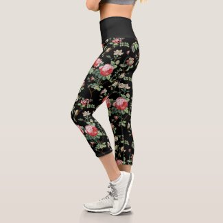 Elegant Chic Vintage Pink Rose Floral  Capri Leggings