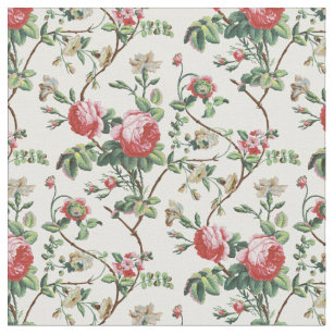 80s vintage cotton denim fabric, pink cabbage roses floral print
