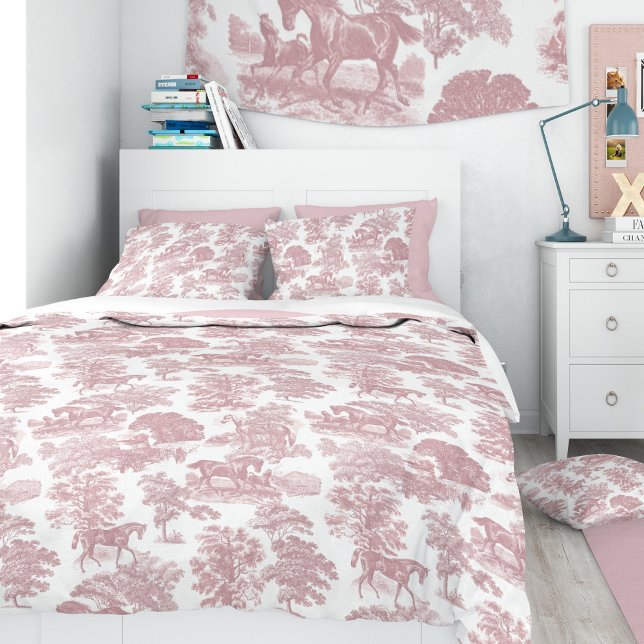 Elegant Chic Vintage Pink Rustic Horses Toile Duvet Cover (Creator Uploaded)