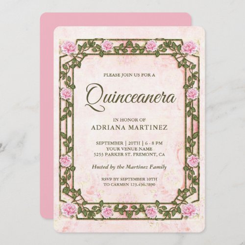 Elegant Chic Vintage Rustic Pink Roses Quinceanera Invitation