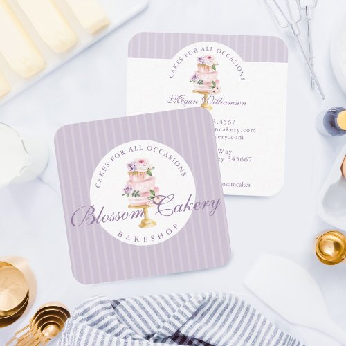 Elegant Chic Violet Watercolor Floral Cake Bakery Square Business Card