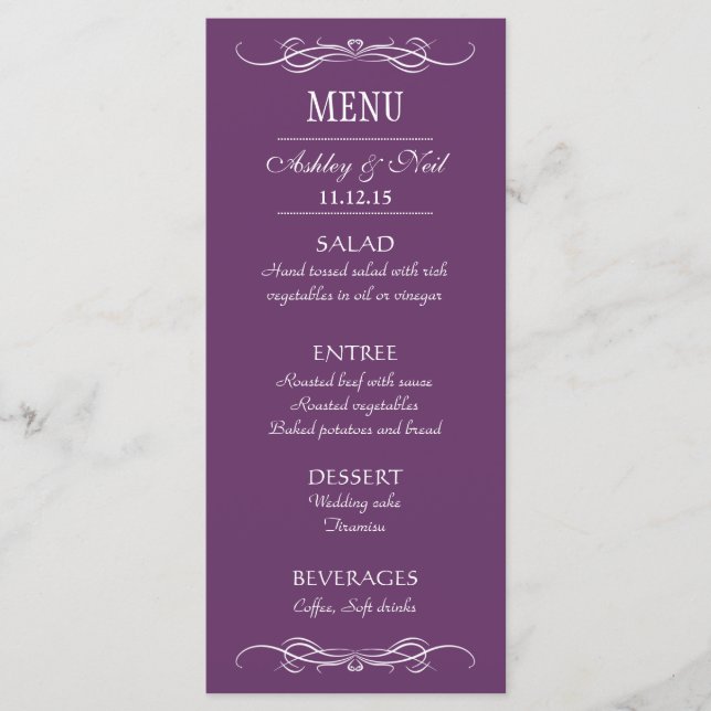 Elegant Chic Violet Wedding Menu Rack Card (Front)