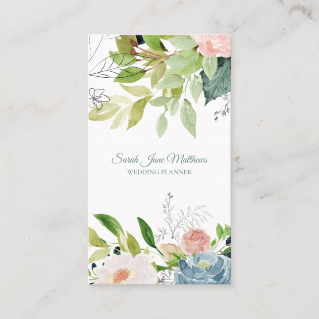 Elegant chic watercolor botanical wedding planner business card (Front)
