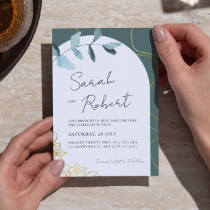 Elegant Chic Watercolor Eucalyptus & Gold Accents  Save The Date