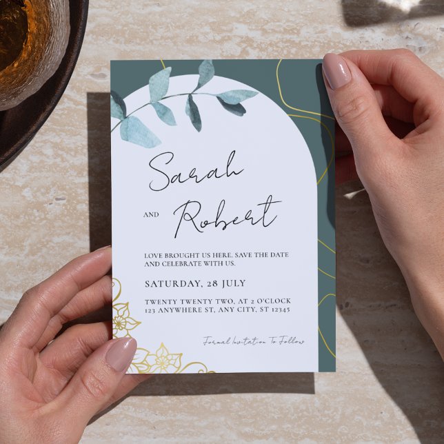 Elegant Chic Watercolor Eucalyptus & Gold Accents  Save The Date (Creator Uploaded)