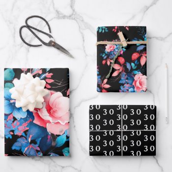 Elegant Chic Watercolor Floral 30th Birthday Black Wrapping Paper Sheets by Rewards4life at Zazzle