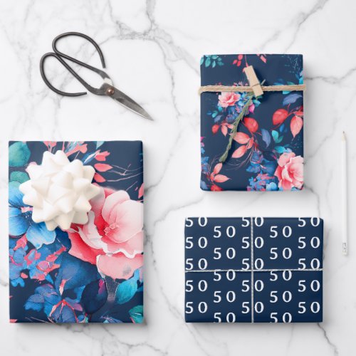 Elegant Chic Watercolor Floral 50th Birthday Navy  Wrapping Paper Sheets