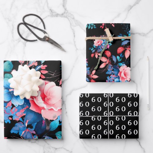 Elegant Chic Watercolor Floral 60th Birthday Black Wrapping Paper Sheets