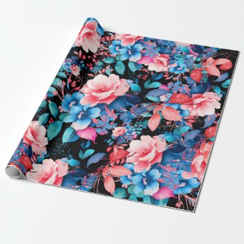 Elegant Chic Watercolor Floral Birthday Black  Wrapping Paper by Rewards4life at Zazzle