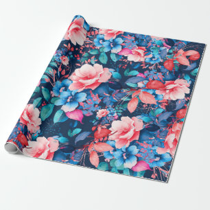 Elegant Chic Watercolor Floral Birthday Navy Blue Wrapping Paper