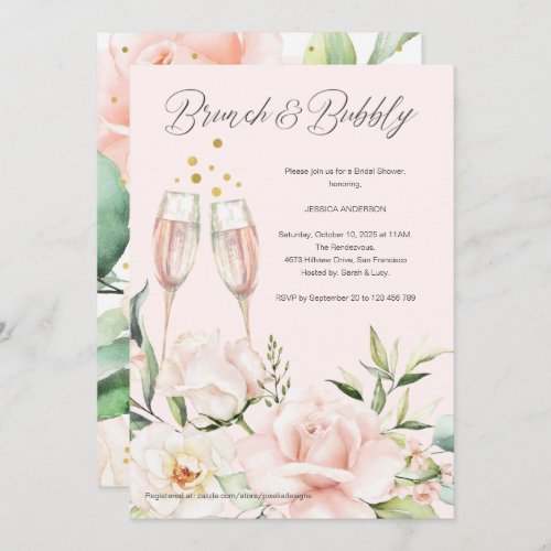 Elegant chic watercolor floral champagne bridal  invitation