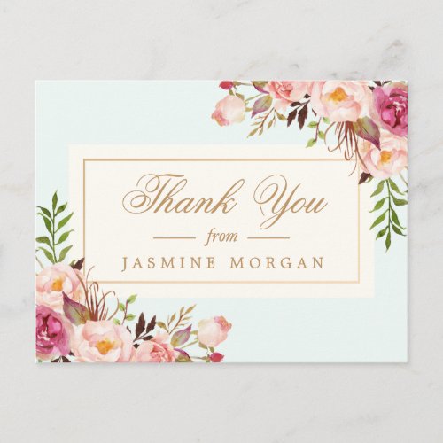 Elegant Chic Watercolor Flowers Thank You Postcard