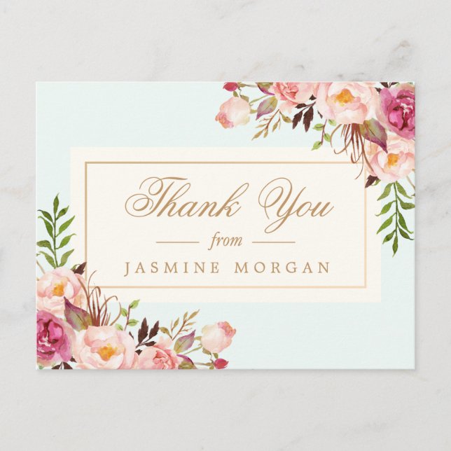 Elegant Chic Watercolor Flowers Thank You Postcard (Front)
