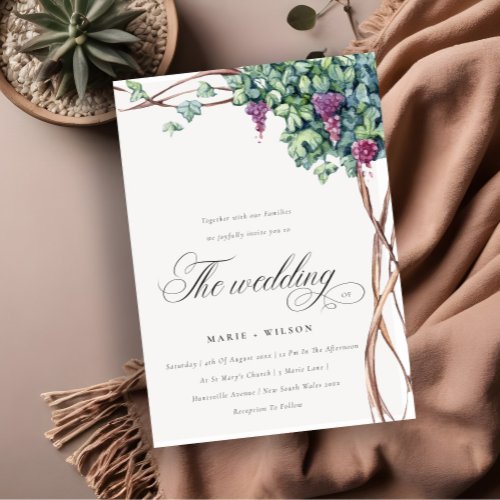 Elegant Chic Watercolor Grapevine Wedding Invitation