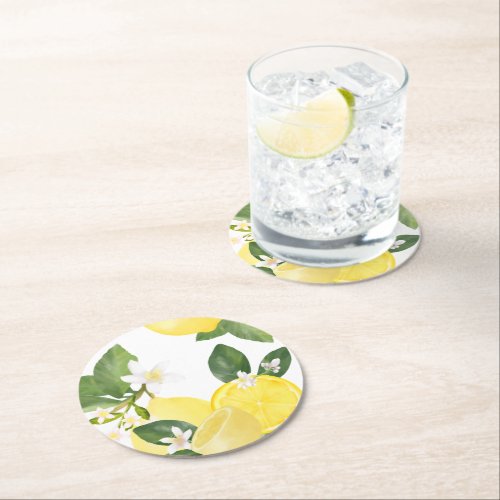 Elegant Chic Watercolor Lemon Summer Garden Round Paper Coaster