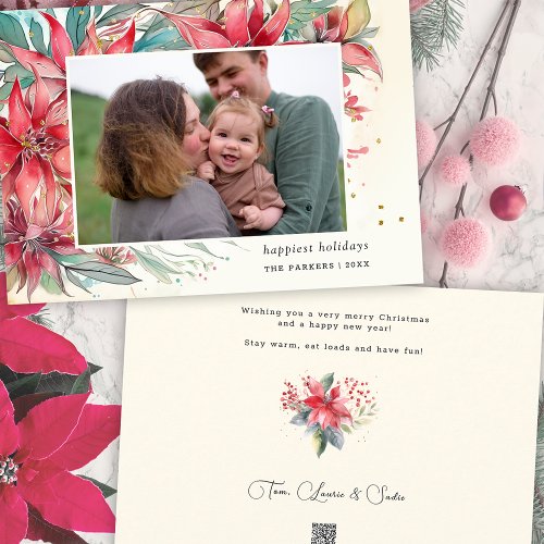 Elegant Chic Watercolor Poinsettia Botanical Photo Holiday Card