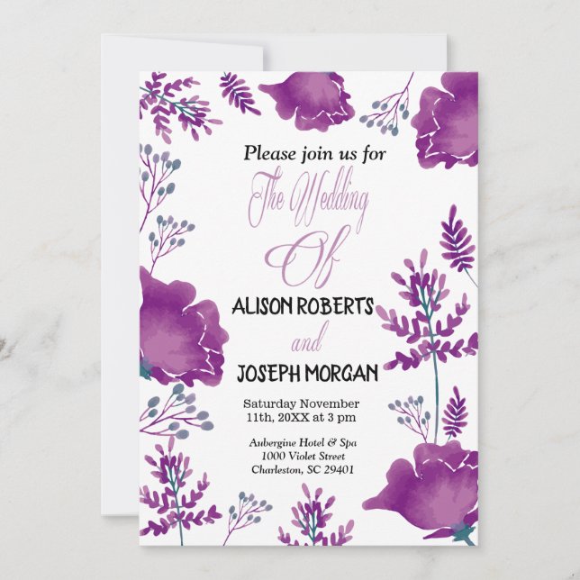 Elegant chic Watercolor Purple Royal Wedding Card (Front)