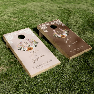 Elegant Chic Western Floral Crest Monogram Wedding Cornhole Set