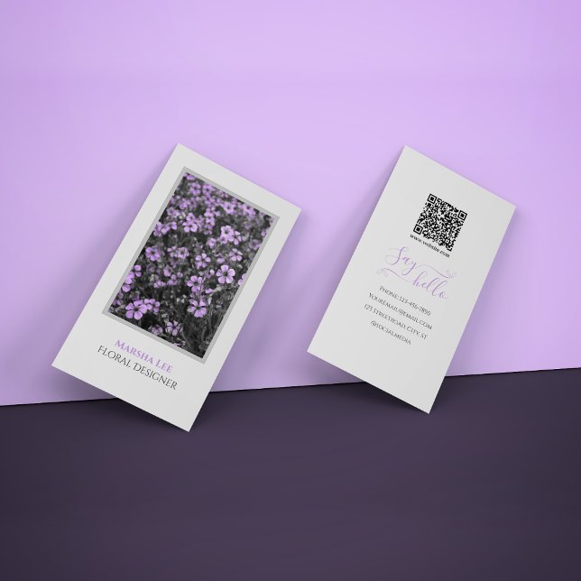 Elegant Chic White and Purple Photo Botanical Business Card (Creator Uploaded)