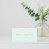 Elegant Chic White and Turquoise Lattice Pattern Business Card (Standing Front)