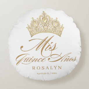 Elegant Chic White Gold Quinceanera Round Pillow