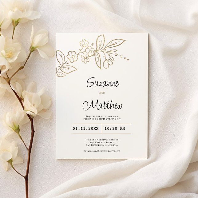 Elegant chic white gold simple floral Wedding Invitation (Elegant chic white gold simple floral Wedding)