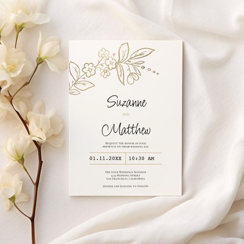 Elegant chic white gold simple floral wedding invitation