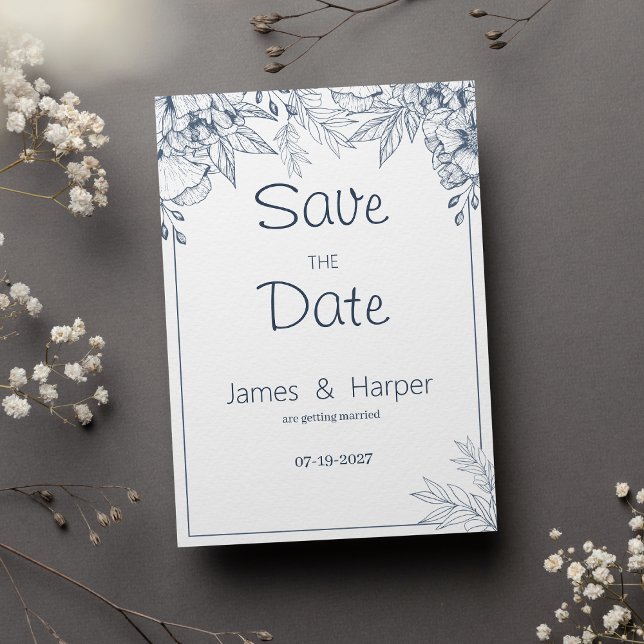 Elegant chic white gray blue floral Save the Date Invitation (Elegant chic white gray blue floral Save the Date)