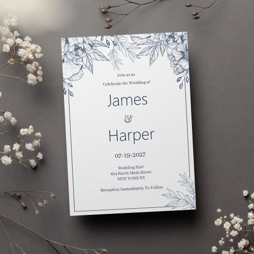 Elegant chic white gray blue floral Wedding Invitation