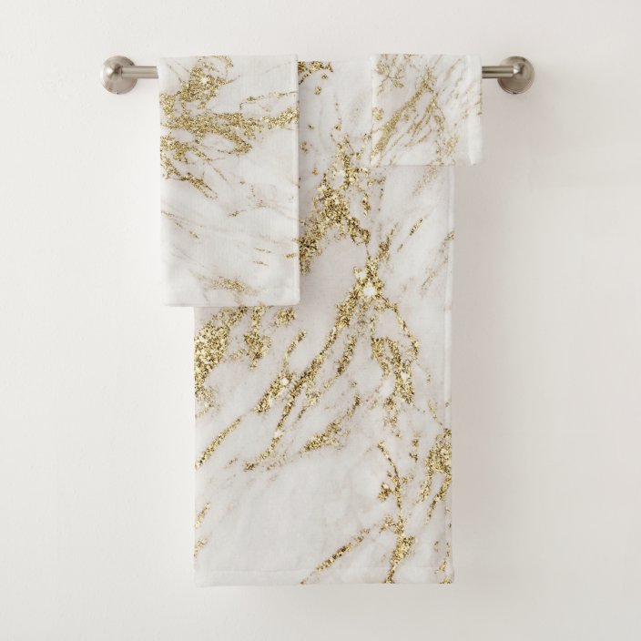 Elegant chic white gray gold glitter marble bath towel set