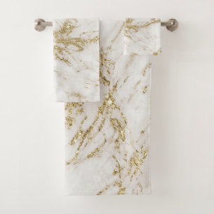 Elegant chic white gray gold glitter marble bath towel set