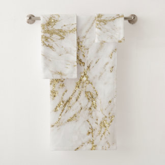 Elegant chic white gray gold glitter marble bath towel set