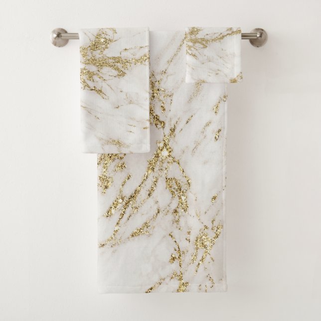 Elegant chic white gray gold glitter marble bath towel set (Insitu)