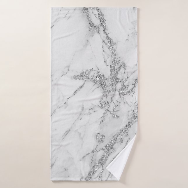 Elegant chic white gray silver glitter marble bath towel (Bath Towel)