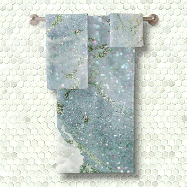 Elegant chic white gray silver glitter marble bath towel set (Creator Uploaded)