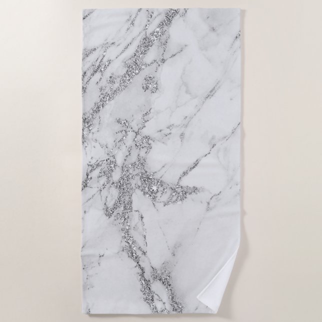Elegant chic white gray silver glitter marble beach towel (Front)