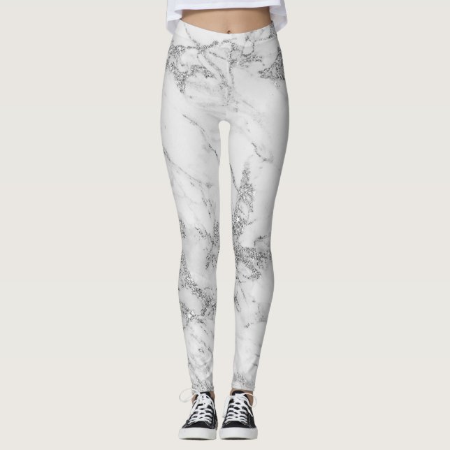 Elegant chic white gray silver glitter marble leggings (Front)