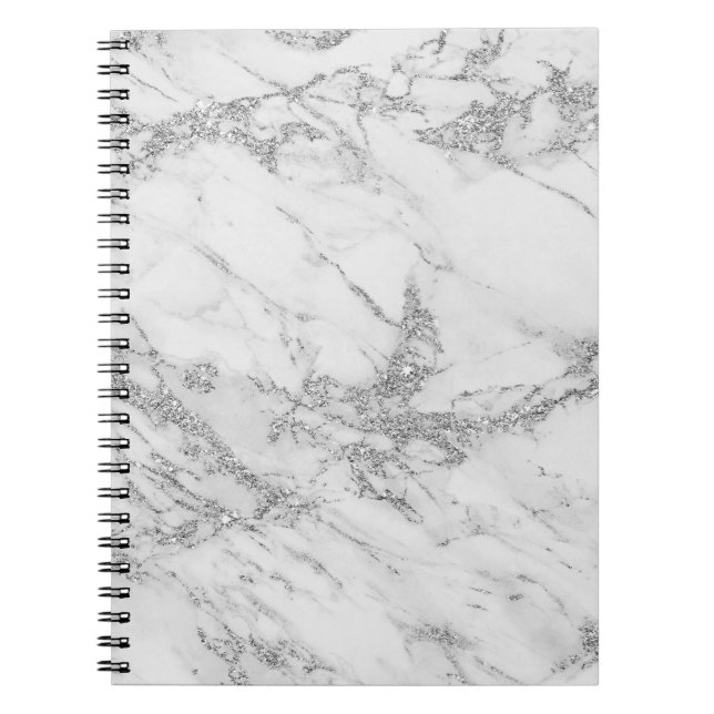 Elegant chic white gray silver glitter marble notebook (Front)