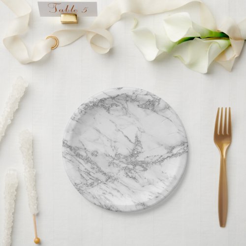 Elegant chic white gray silver glitter marble paper plates