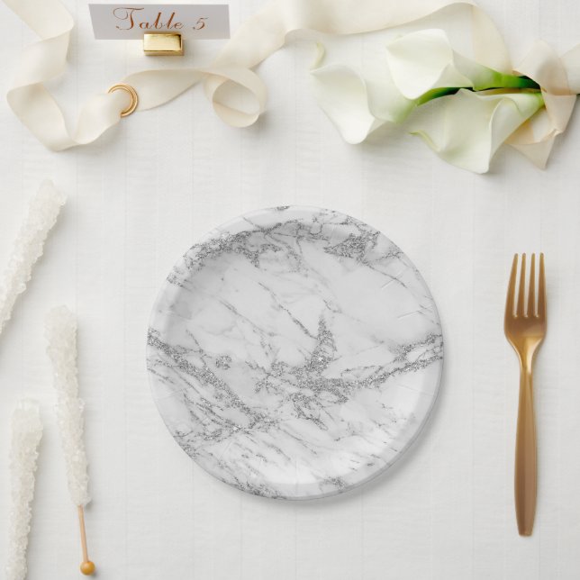 Elegant chic white gray silver glitter marble paper plates (Wedding)