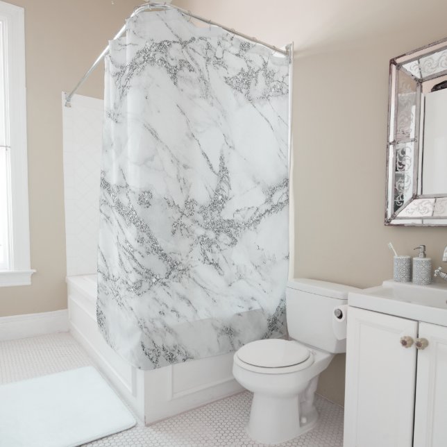 Elegant chic white gray silver glitter marble shower curtain (In Situ)