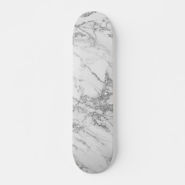 Elegant chic white gray silver glitter marble skateboard (Front)