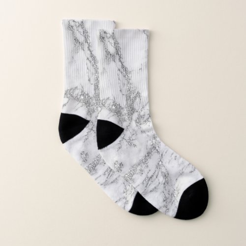Elegant chic white gray silver glitter marble socks